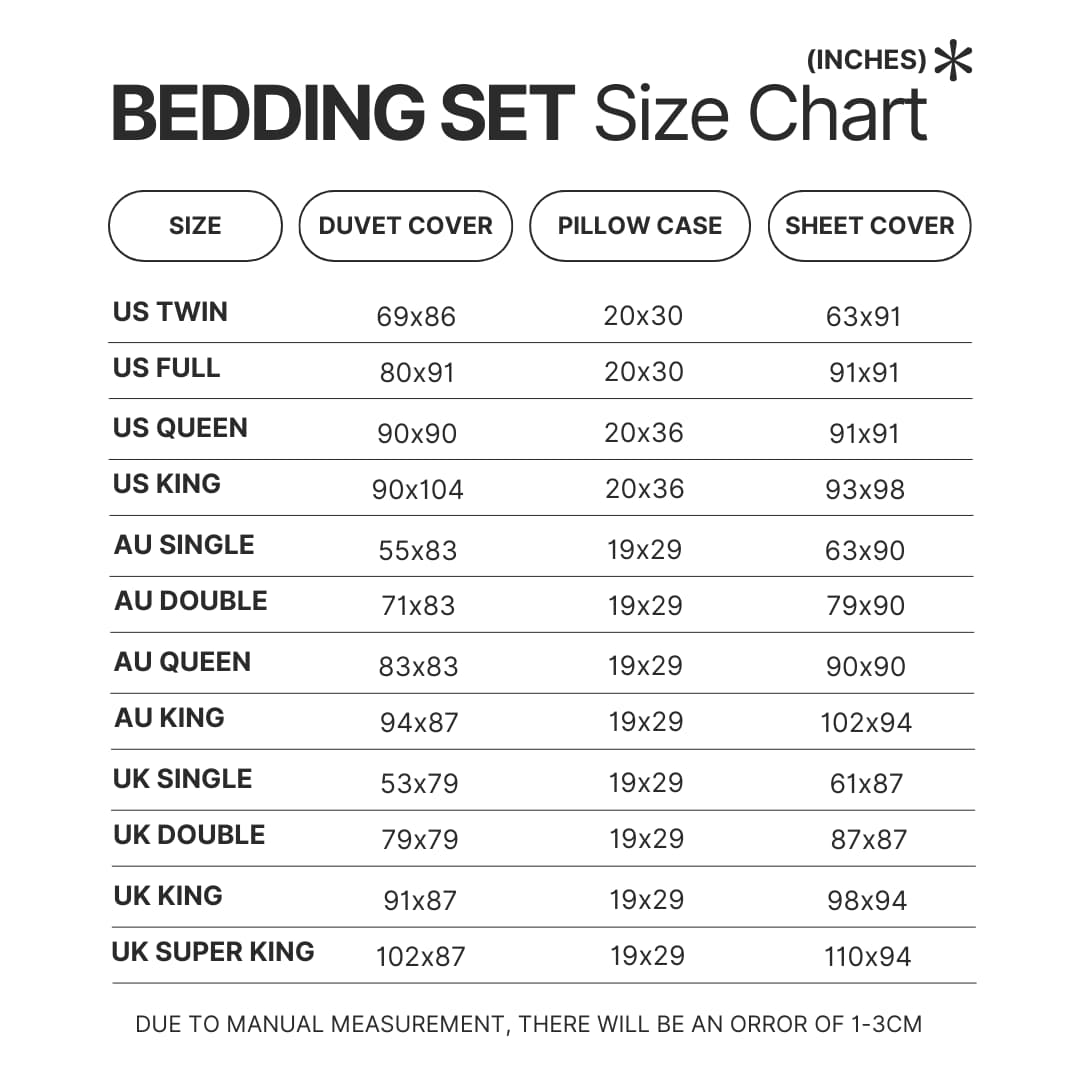 Beding Set Size Chart - Fairy Tail Shop