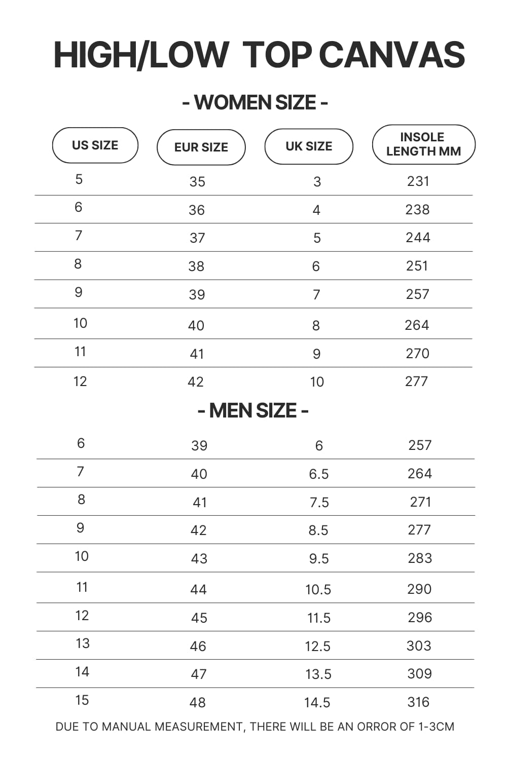 High Top Low Top Canvas Shoes Size Chart - Fairy Tail Shop