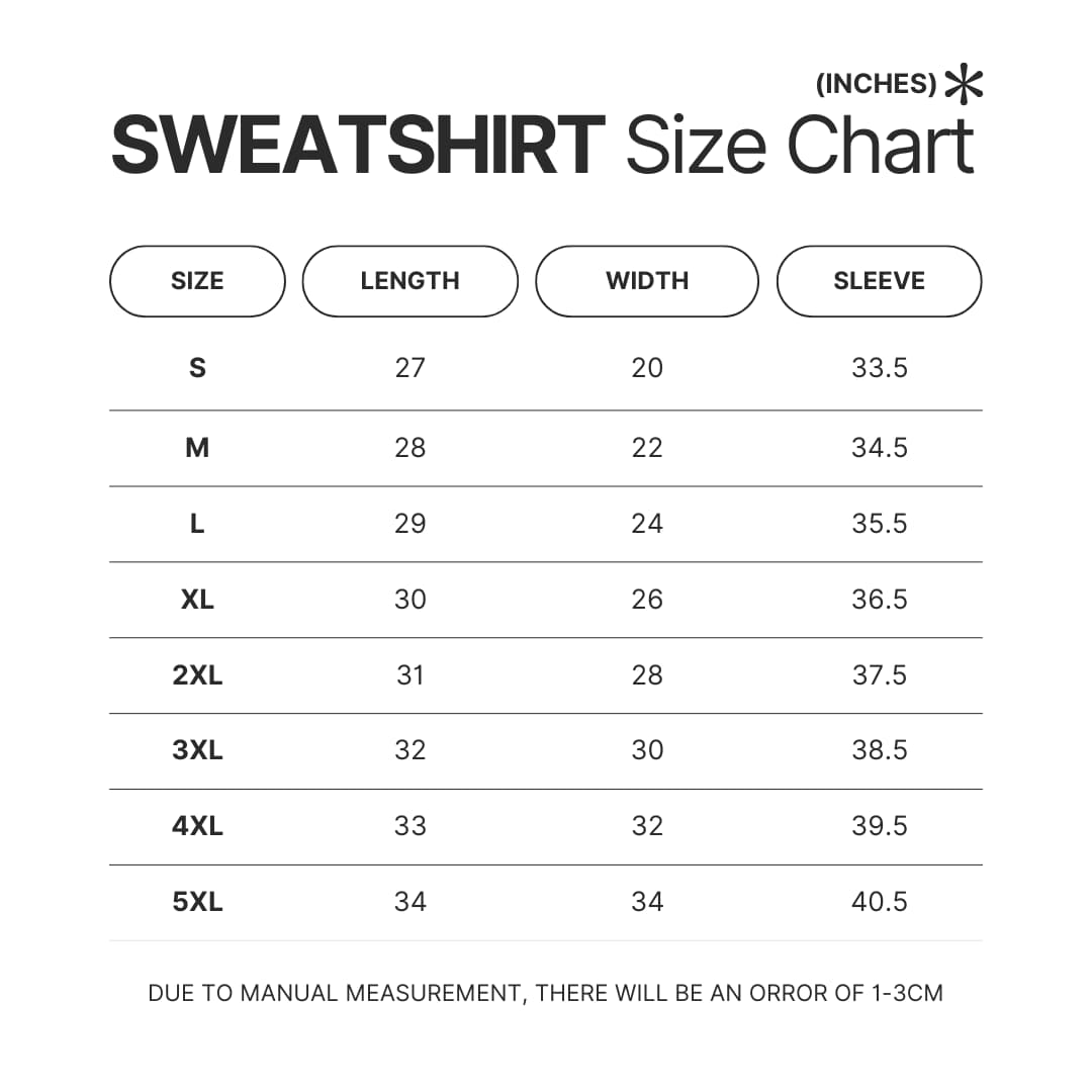 Sweatshirt Size Chart - Fairy Tail Shop